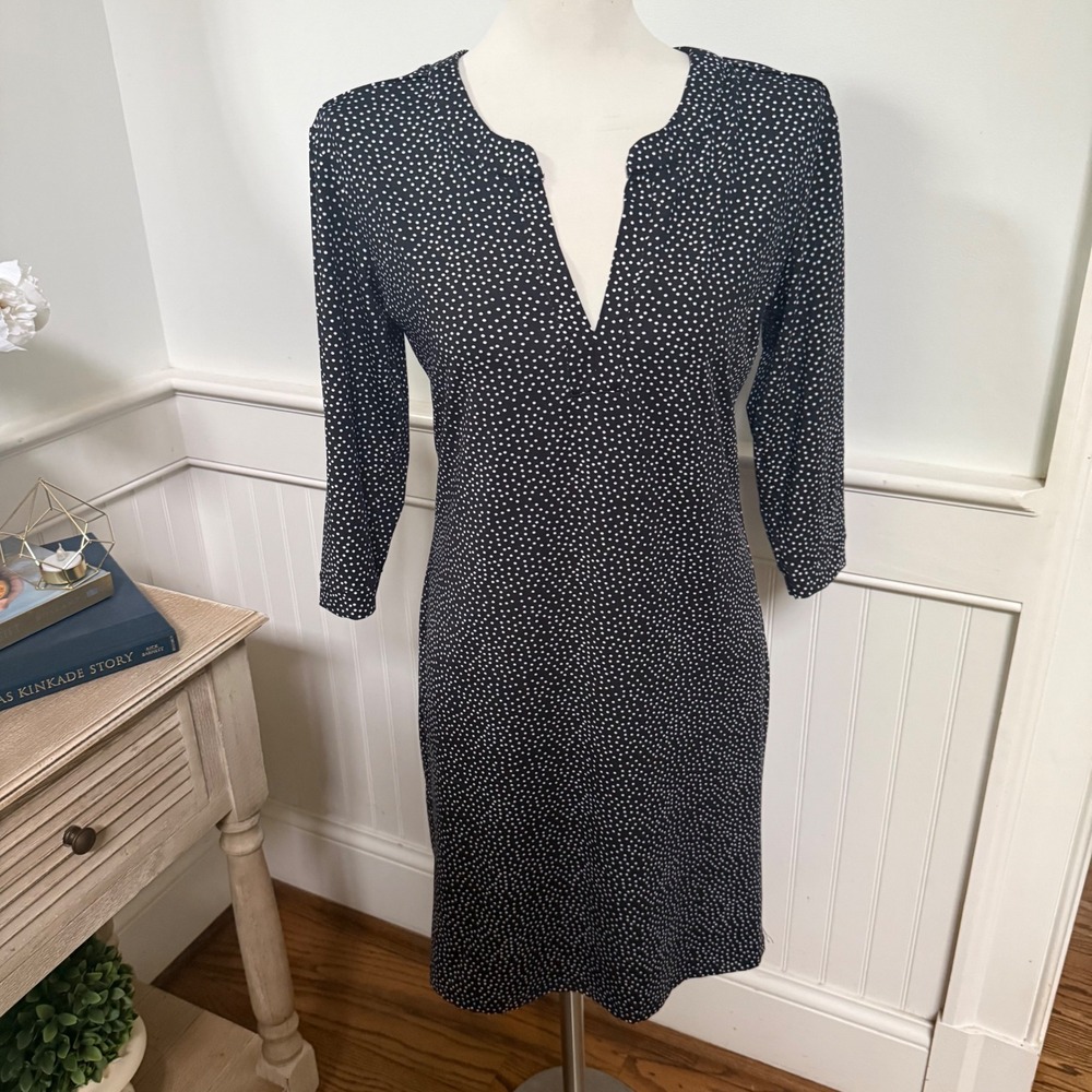 Mary Square Black White Polka Dot Notched V-Neck 3/4 Sleeve Shift Dress XS